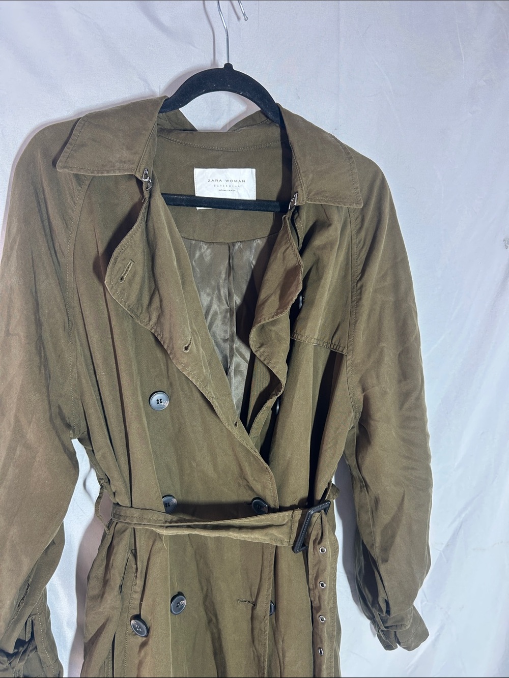 Zara Olive Green Double-Breasted Trench Coat